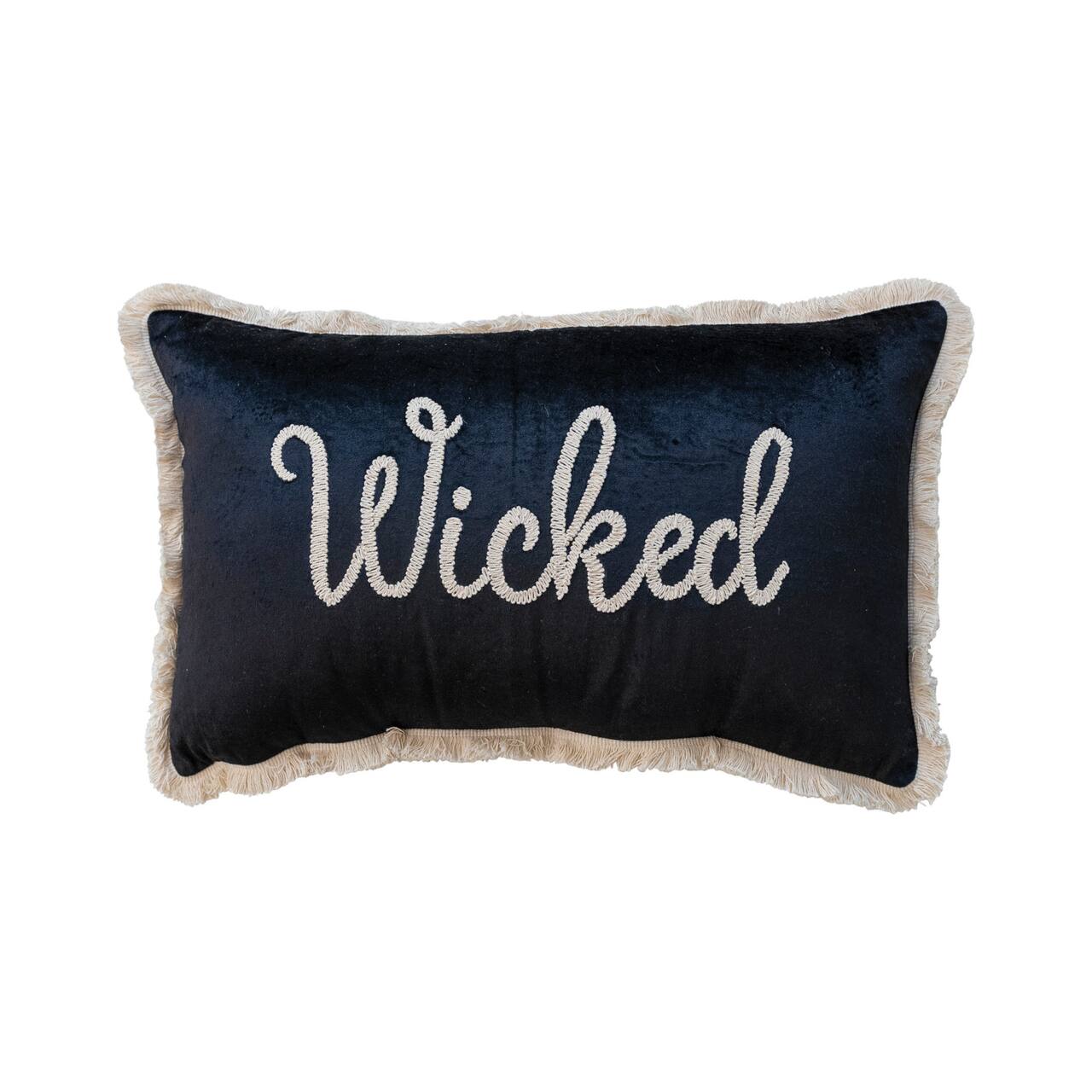 Hello Honey® 24" x 14" Black & Cream Wicked Cotton Velvet Lumbar Pillow with Embroidery & Fringe